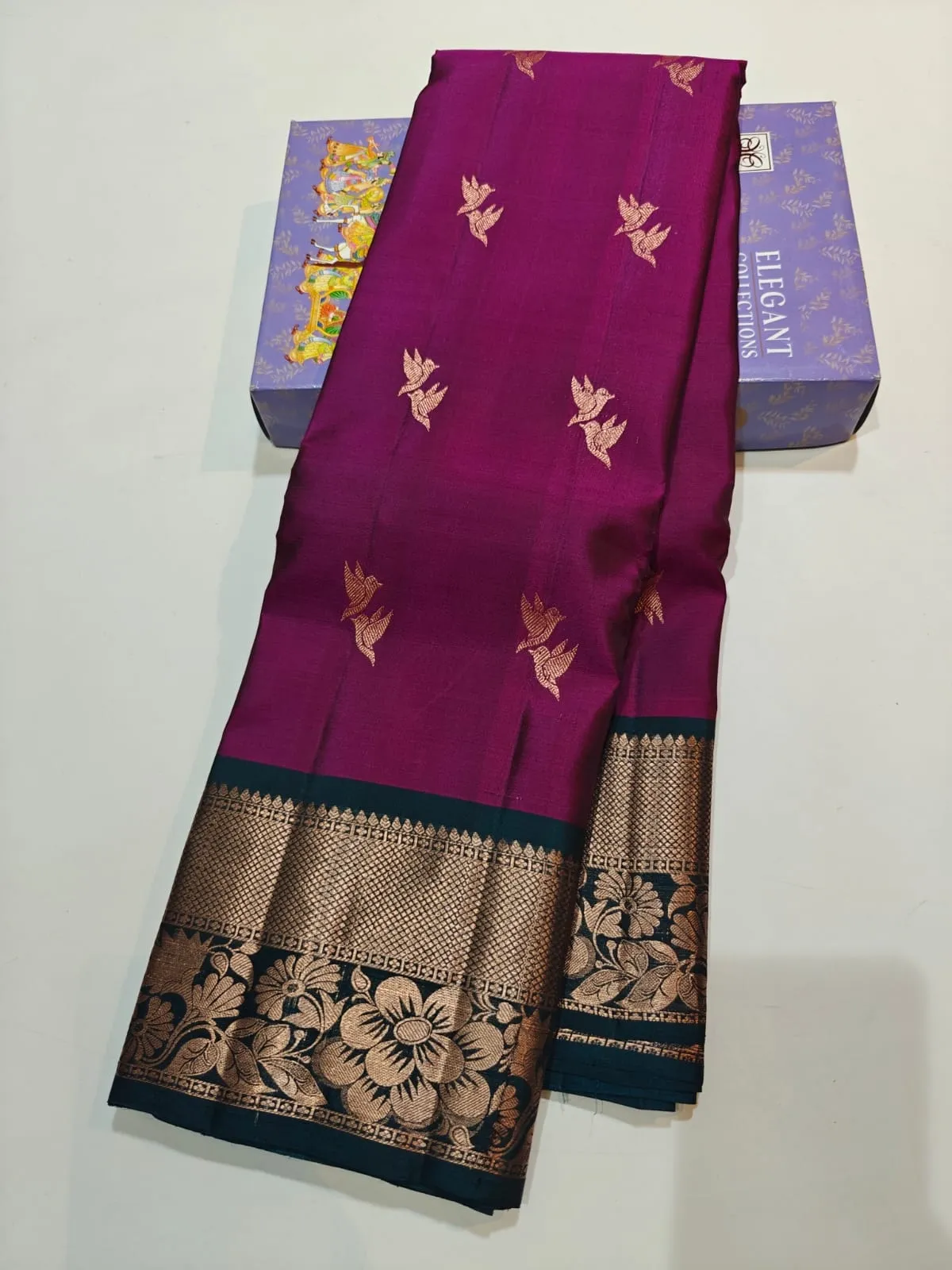 Gold Zari-Woven Flying Bird Motifs Kanchi Soft Silk Saree